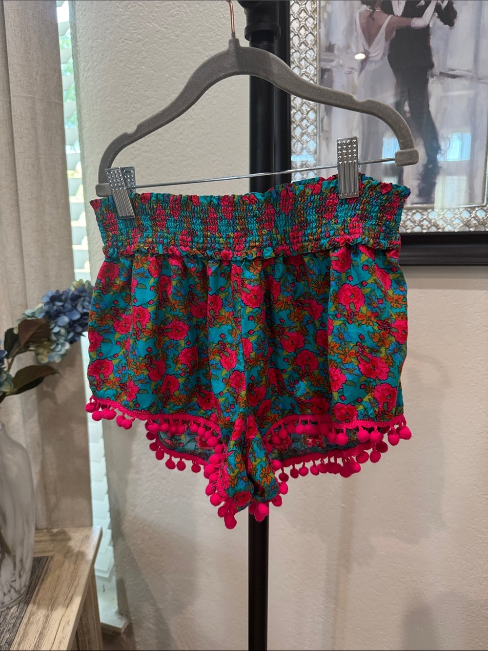 NATURAL LIFE Turquoise Floral Pom-Pom High Waist Shorts